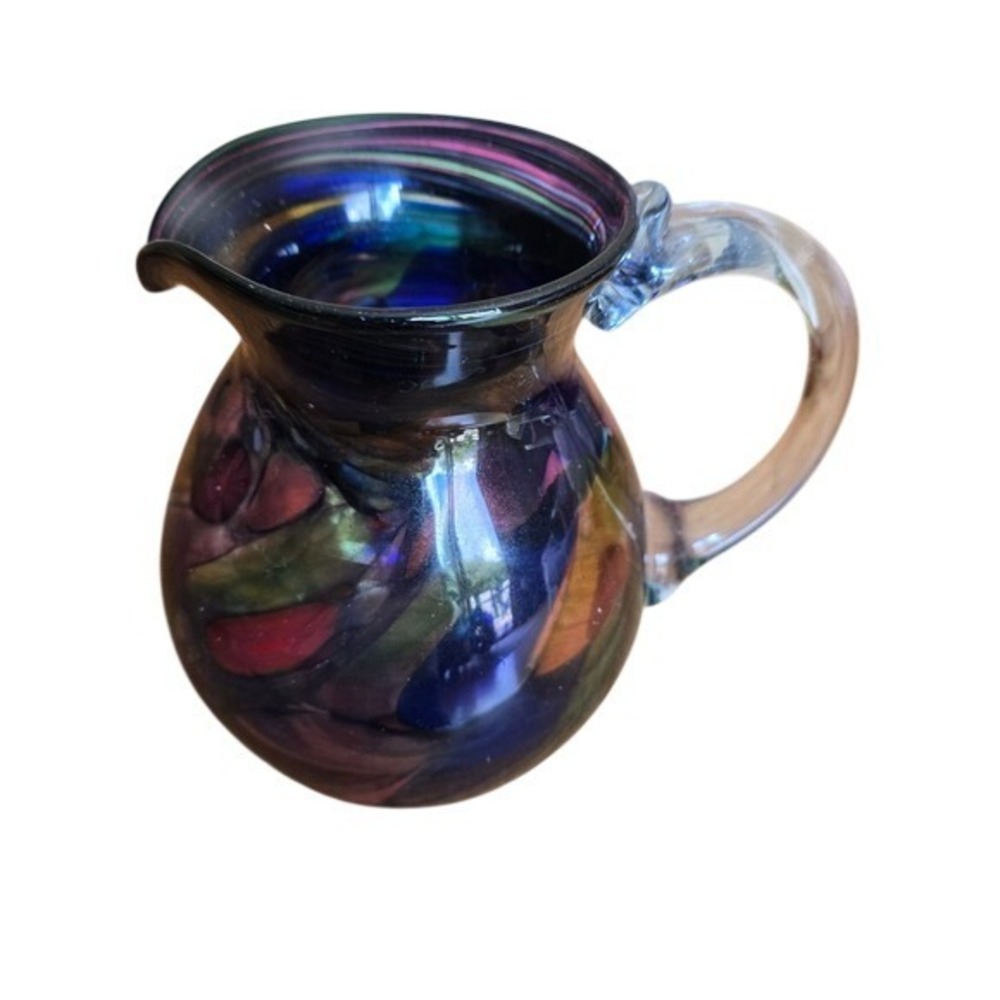 Signed Hand Blown Art Glass Pitcher‎ Multi Color Confetti Iridescent